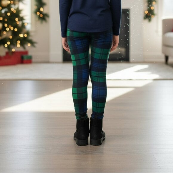 S/L NEW Girls Green Plaid Christmas Leggings, Luxury Soft Kids Yoga Pants - Picture 2 of 9